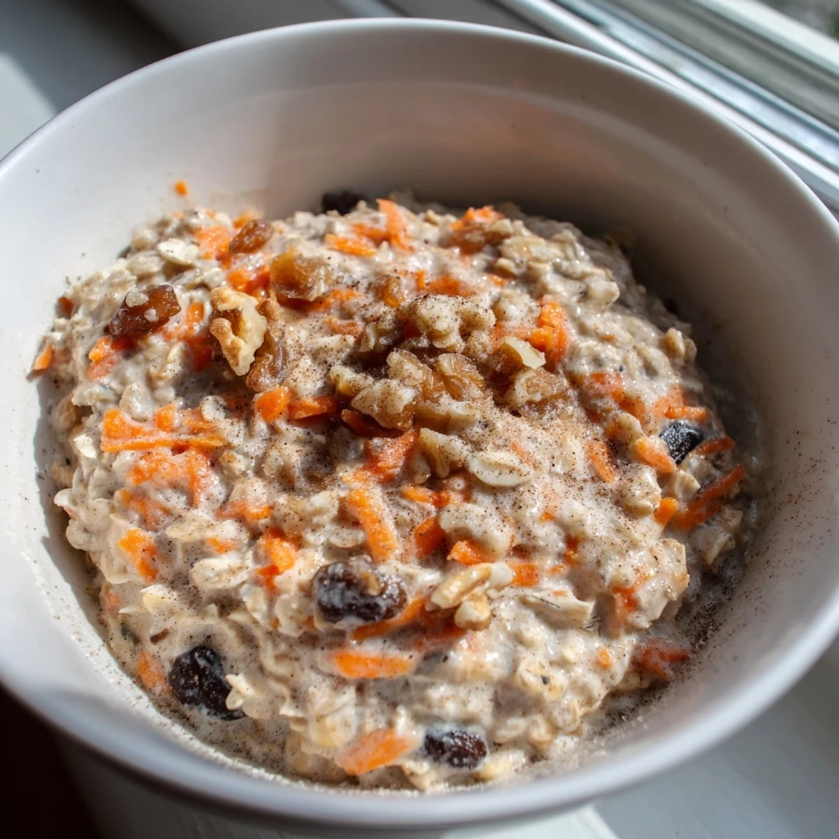 Carrot Cake Overnight Oats in a glass jar topped with chopped walnuts and a sprinkle of cinnamon