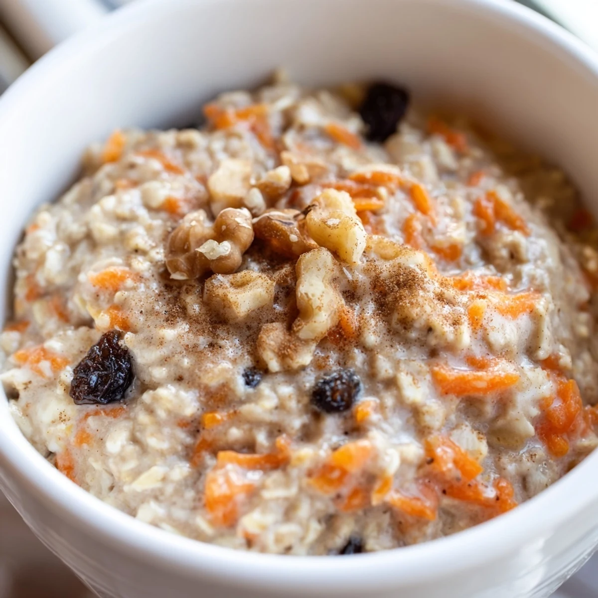 Creamy Carrot Cake Overnight Oats served in a mason jar with visible grated carrots and raisins