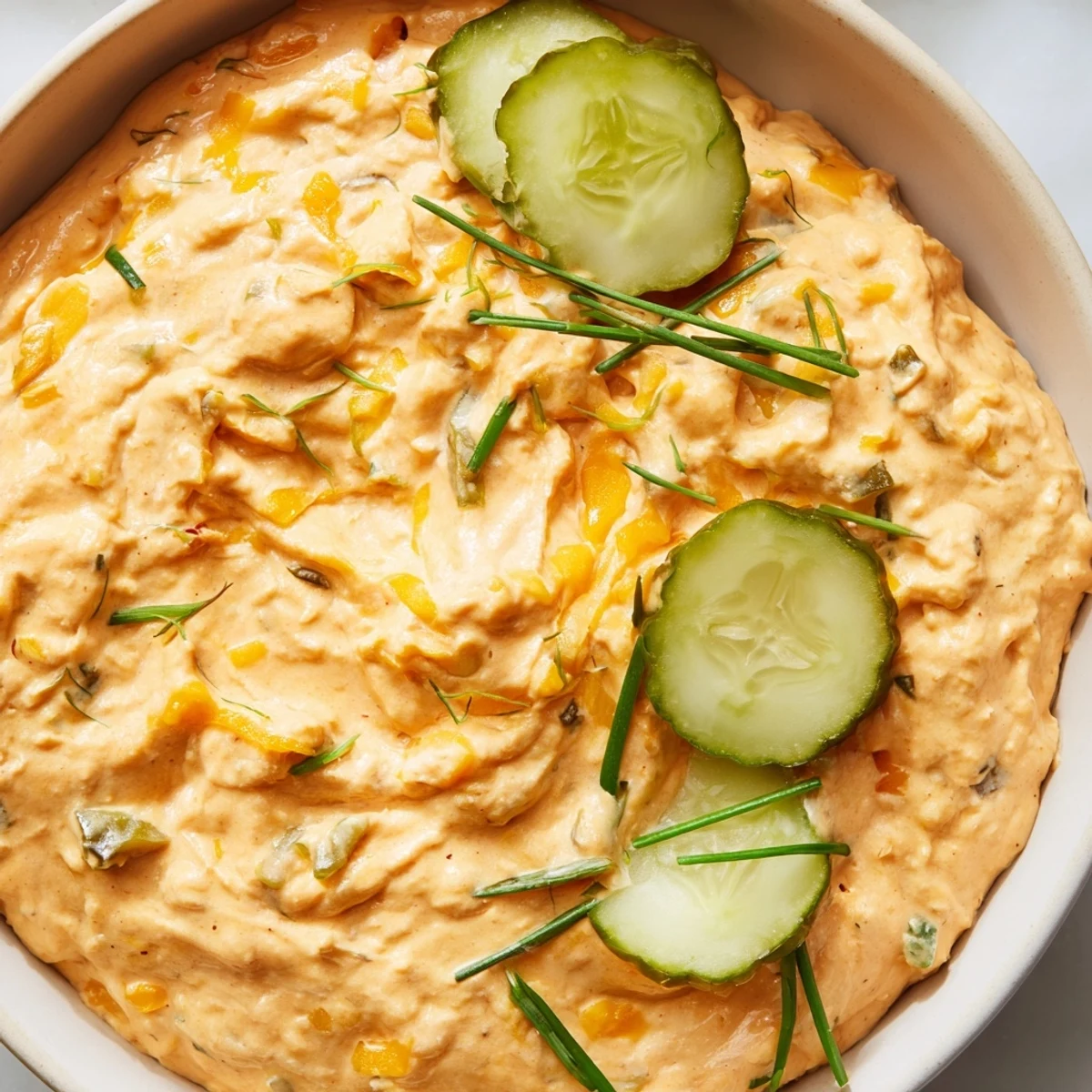 Creamy buffalo pickle dip served in a bowl with crispy chips for game day snacking