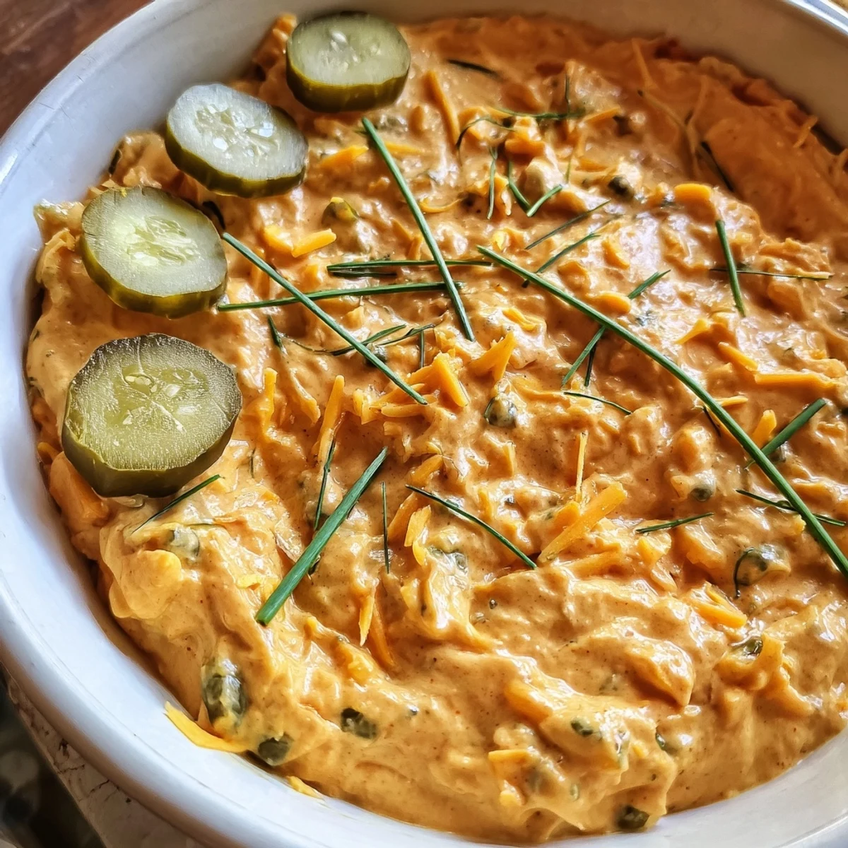 Tangy buffalo pickle dip topped with fresh chives and sliced pickles in rustic bowl