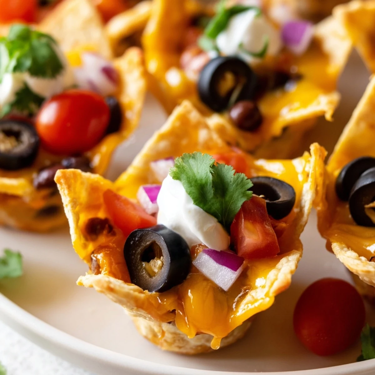 Golden cheesy nacho cups topped with beans, tomatoes, and melty cheese in a muffin tin.