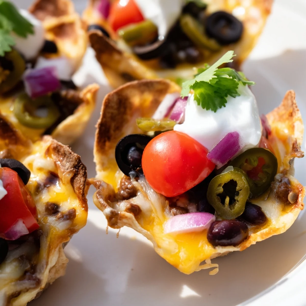 Crispy tortilla cups loaded with gooey cheese, black beans, and fresh colorful toppings.