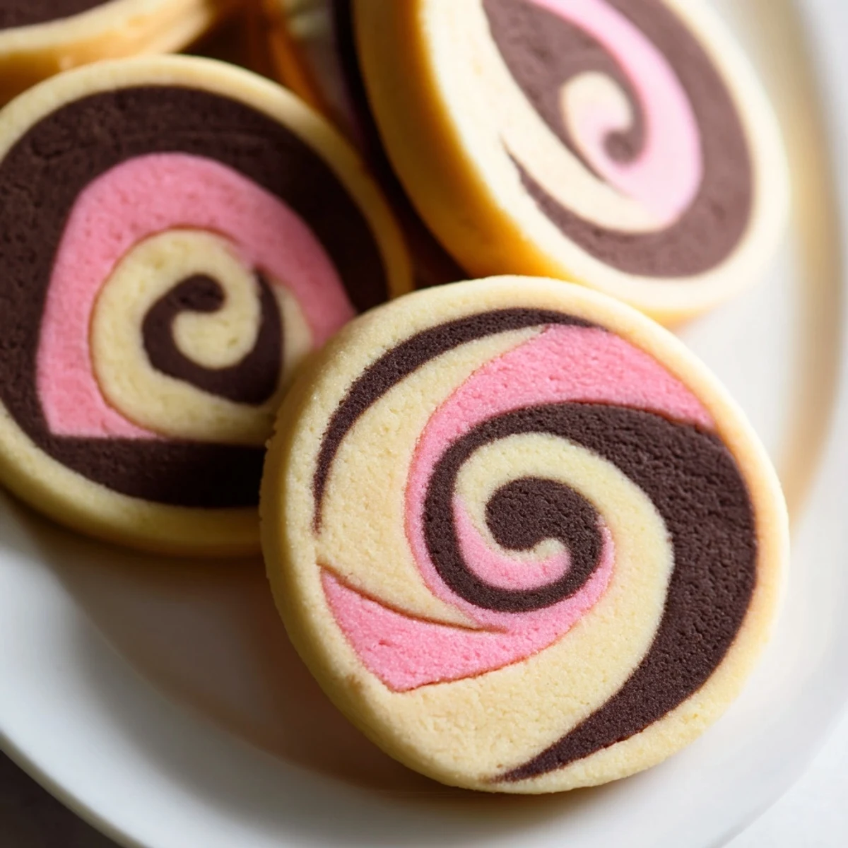Neapolitan Swirl Cookies with pink, brown, and cream spirals arranged on a rustic white plate