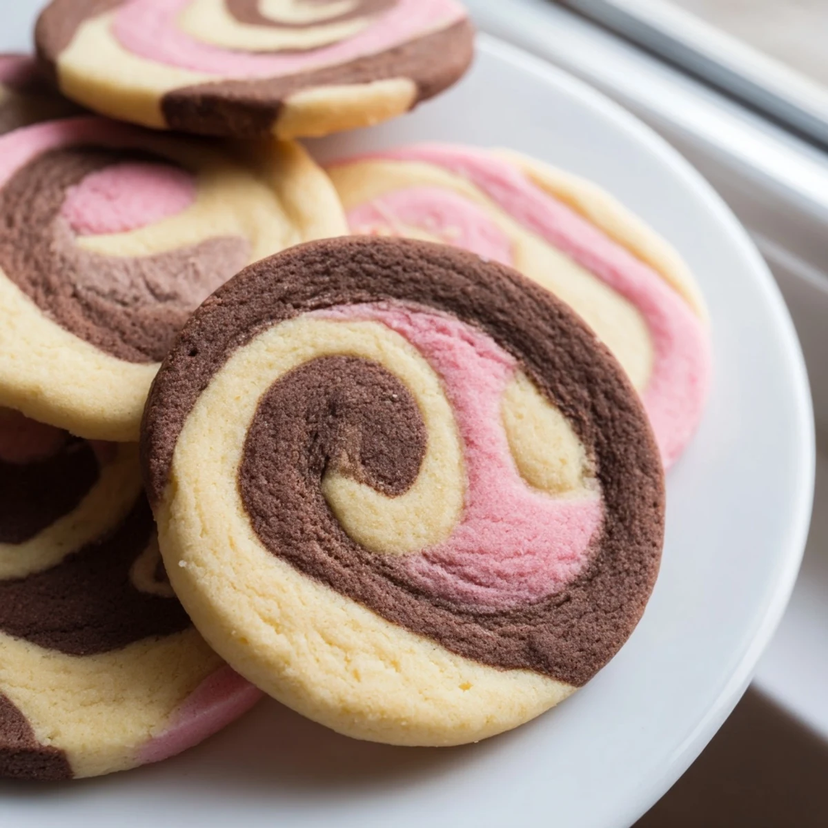 Freshly baked Neapolitan Swirl Cookies showing tri-colored pinwheel patterns on a parchment-lined baking sheet