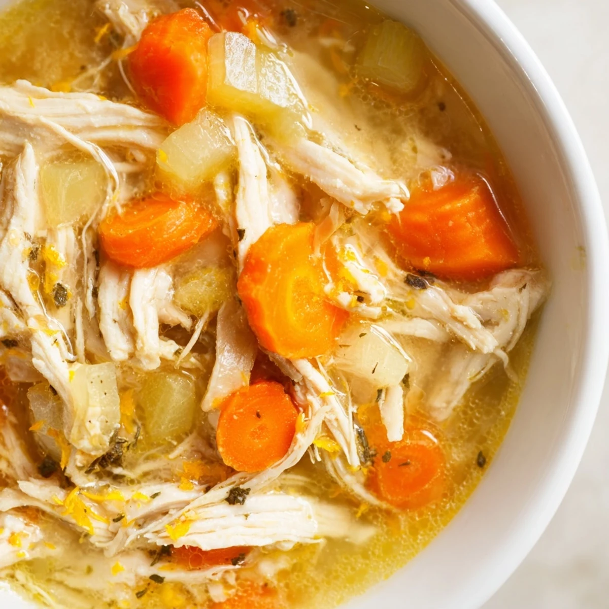 Hearty Crockpot Lemon Chicken Soup featuring tender shredded chicken, carrots, and golden broth