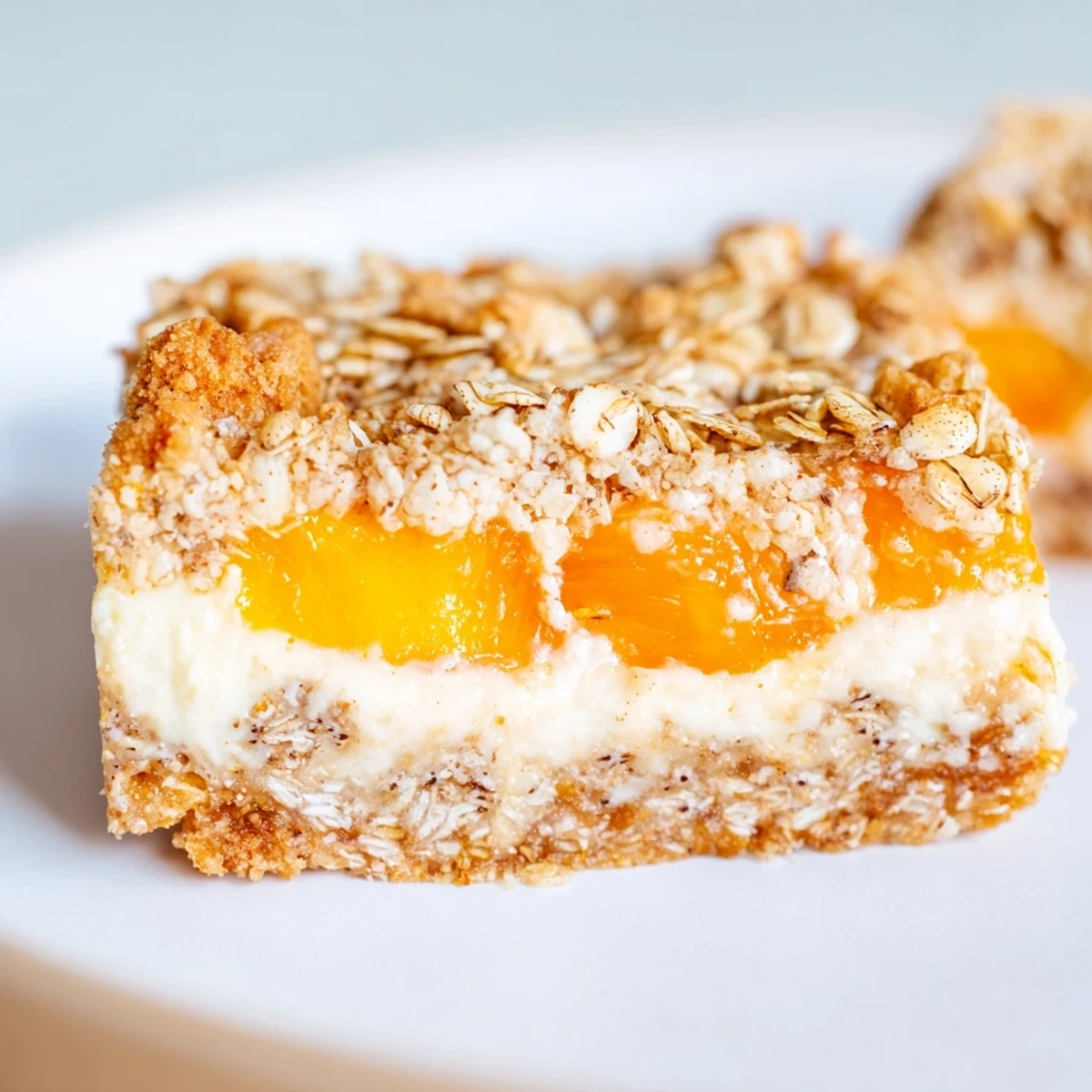Golden Peaches and Cream Crumble Bars sliced to reveal buttery oat layers and sweet fruit