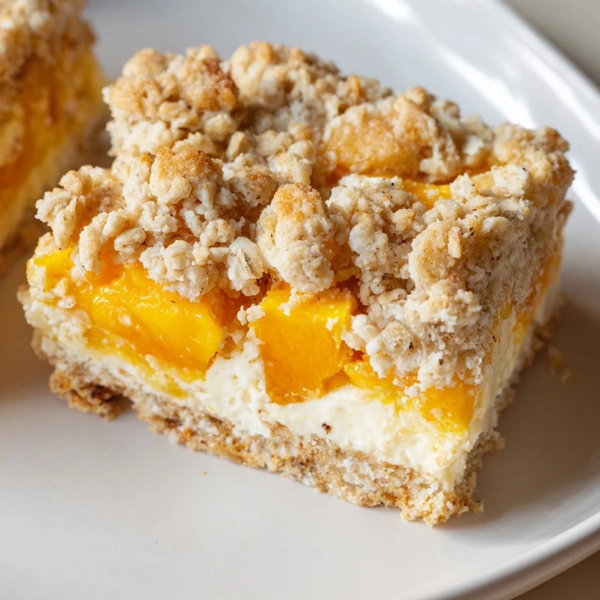Chilled Peaches and Cream Crumble Bars with tender juicy peaches nestled in creamy filling