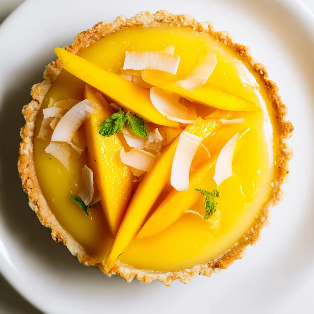 Golden Mango Curd Tart sliced and topped with fresh mango on a white serving plate