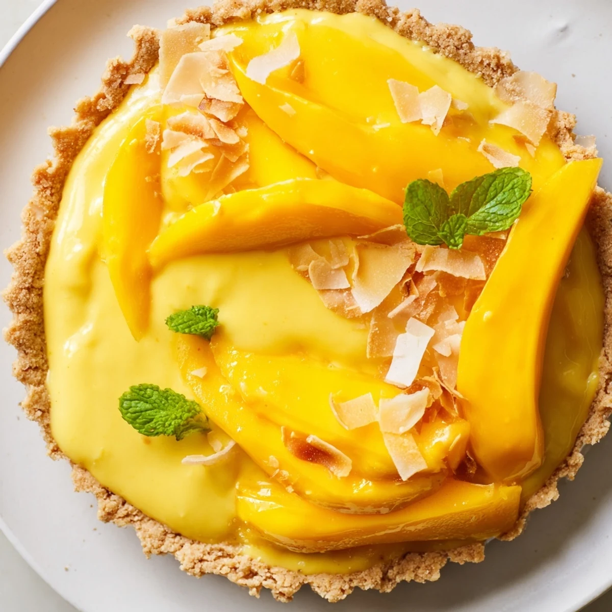 Creamy yellow Mango Curd Tart filling glistens inside a flaky golden buttery pastry crust