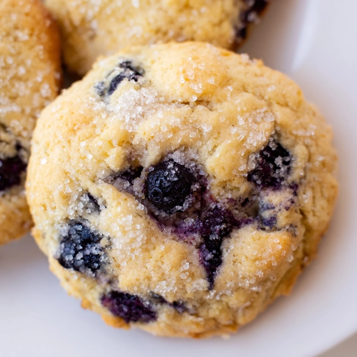 Soft blueberry muffin cookies with golden edges and juicy berries on a rustic baking sheet