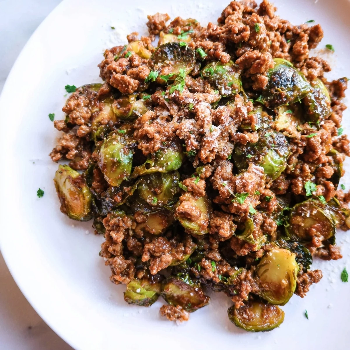 Golden seared ground beef and Brussels sprouts skillet garnished with fresh parsley and Parmesan cheese