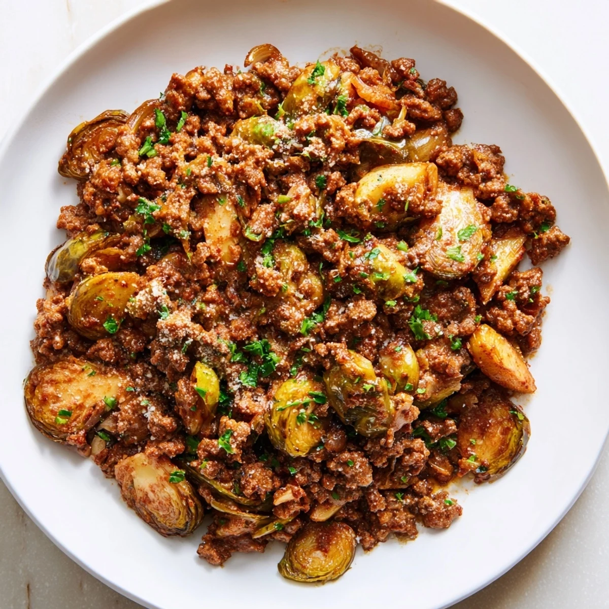 Crispy halved Brussels sprouts with savory browned ground beef in a cast iron skillet