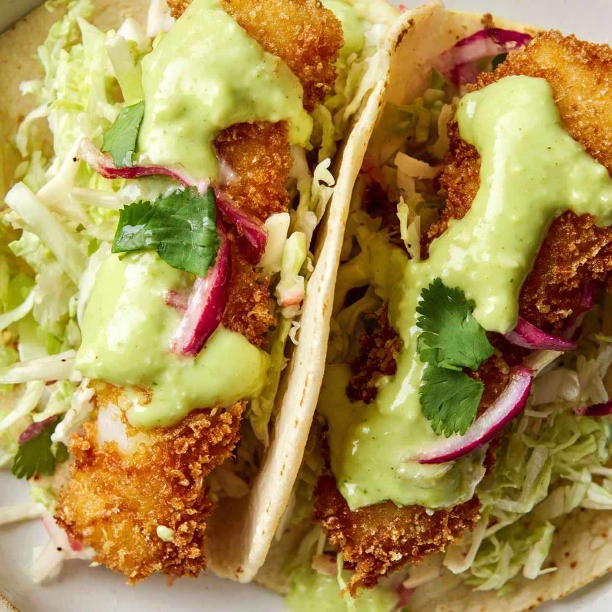 Baja fish tacos on warm corn tortillas drizzled with rich avocado sauce and lime.