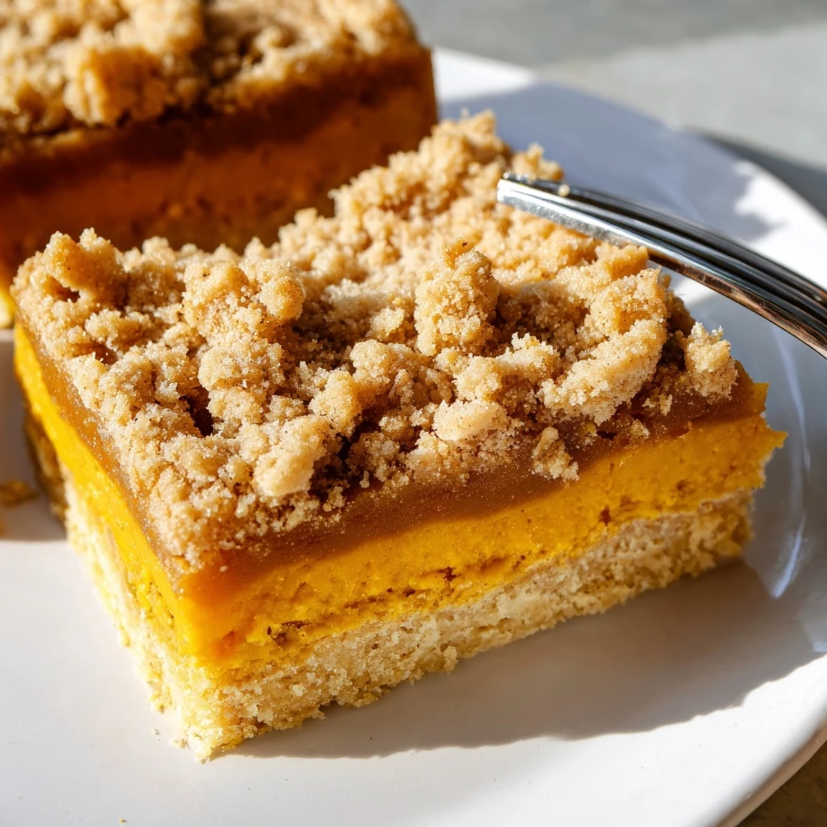 Golden brown sugar maple pumpkin butter bars with crumbly streusel topping on a rustic plate