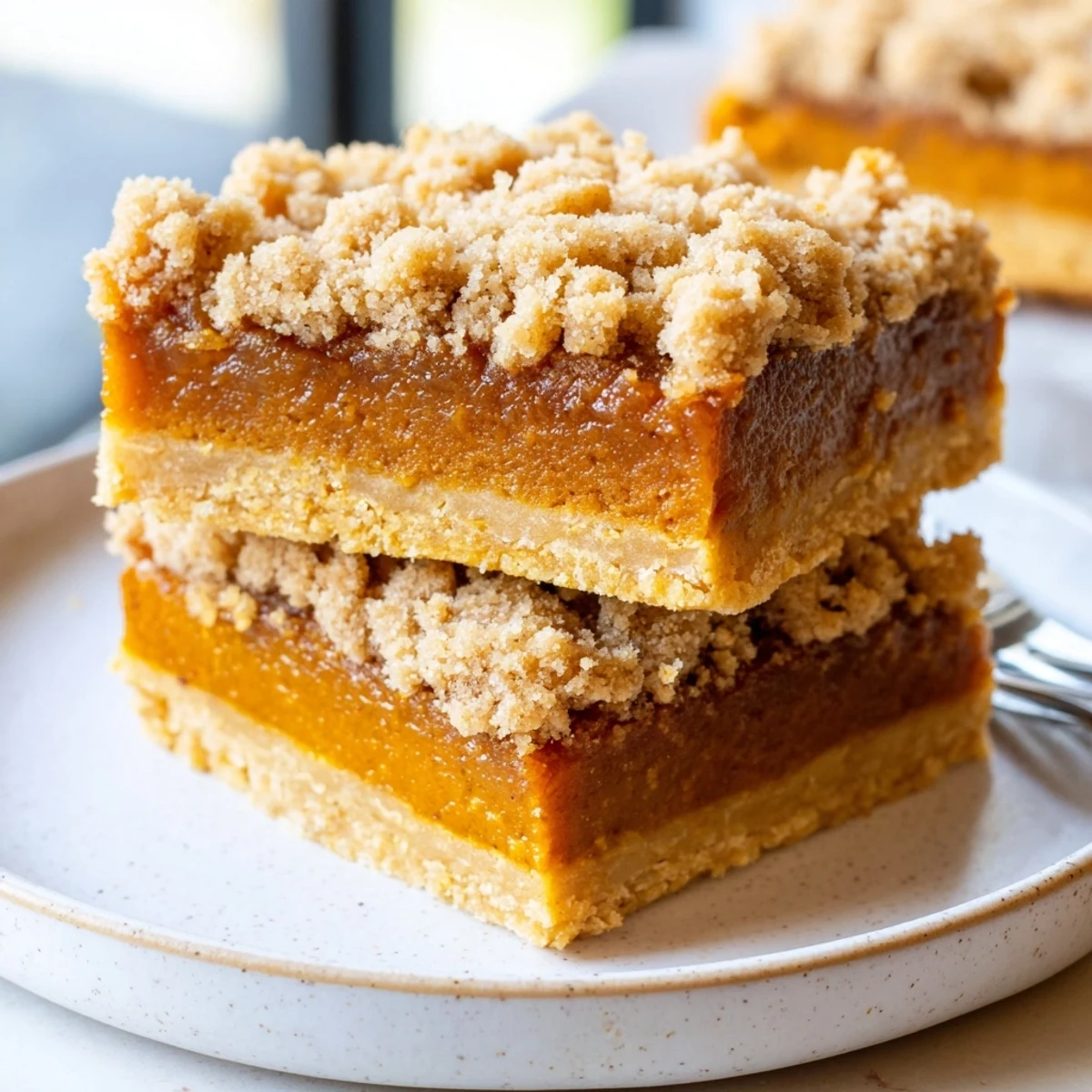 Creamy brown sugar maple pumpkin butter bars sliced and dusted with warm autumn spices