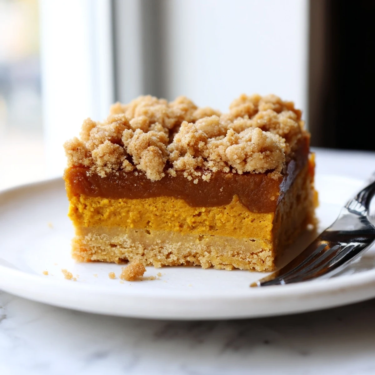 Warm brown sugar maple pumpkin butter bars topped with maple glaze served beside coffee