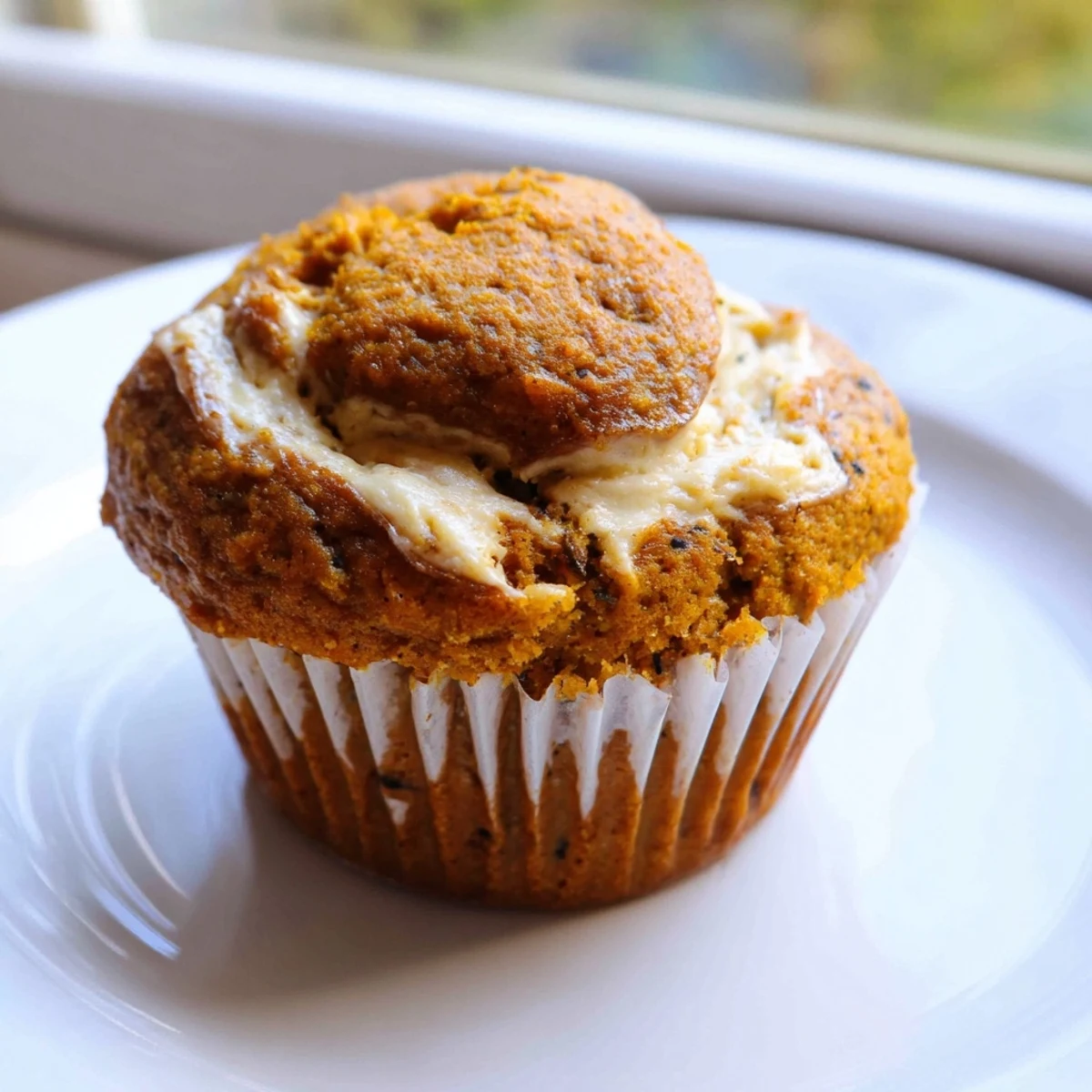 Golden chai pumpkin cheesecake muffins with swirled spiced cream cheese filling on rustic parchment