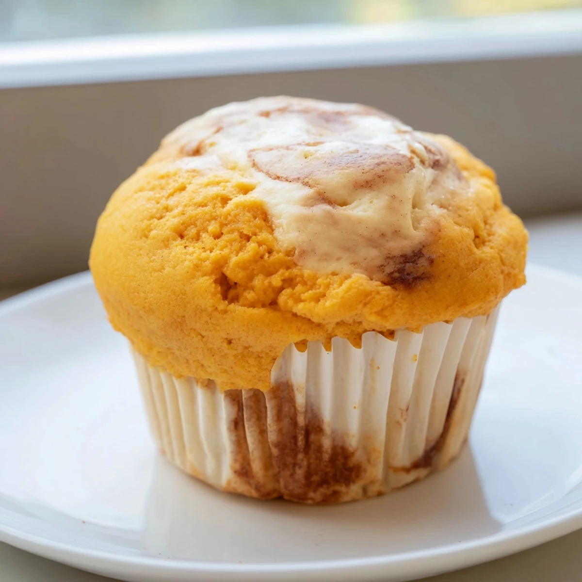 Warm chai pumpkin cheesecake muffins nestled in paper liners showing creamy spiral centers