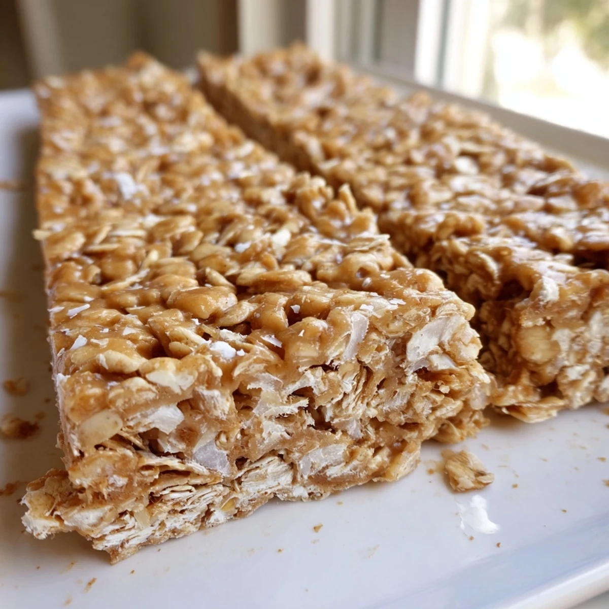 Chewy No Bake Apple Peanut Butter Granola Bars sliced and stacked on a rustic wooden cutting board