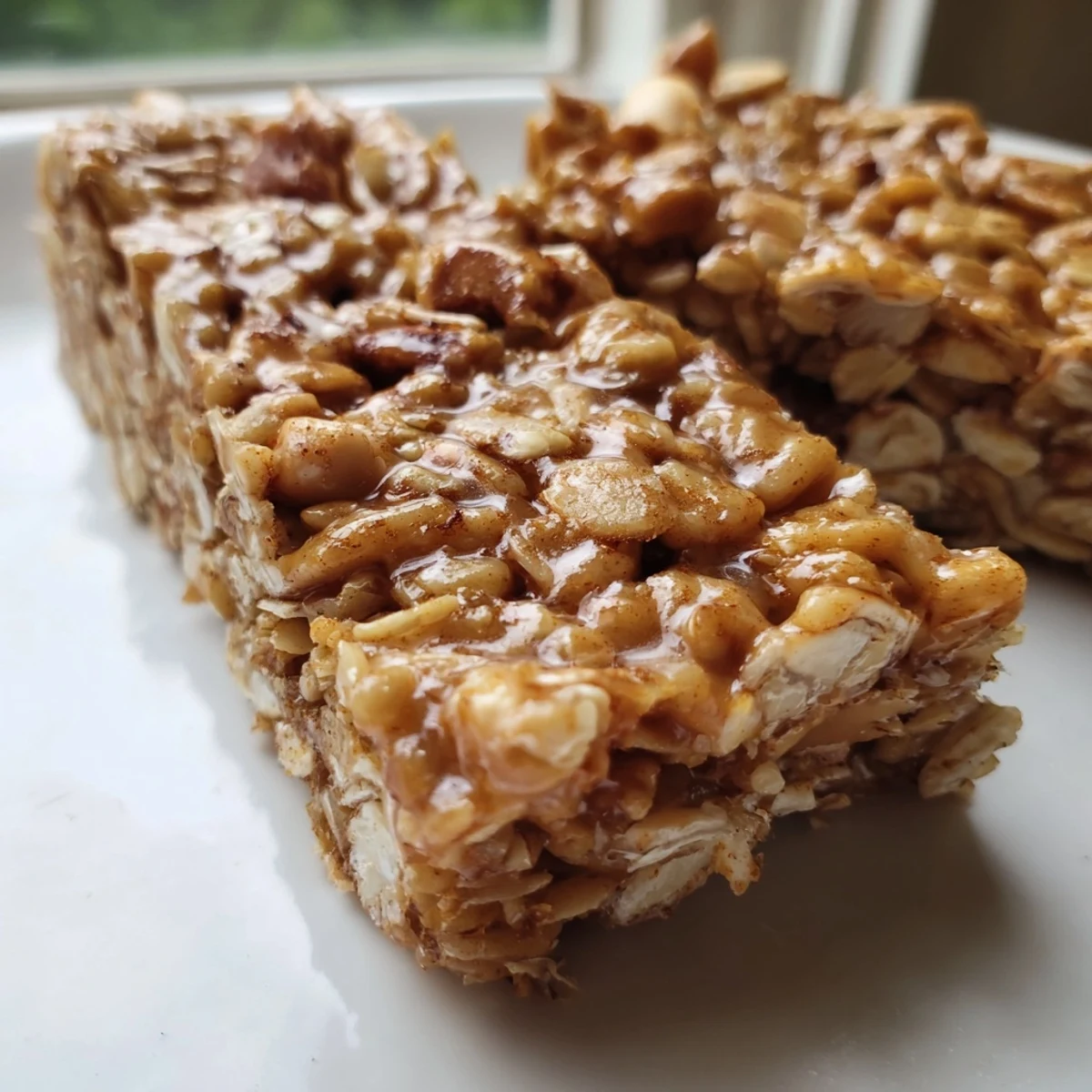 Golden No Bake Apple Peanut Butter Granola Bars with visible oats and dried apple pieces