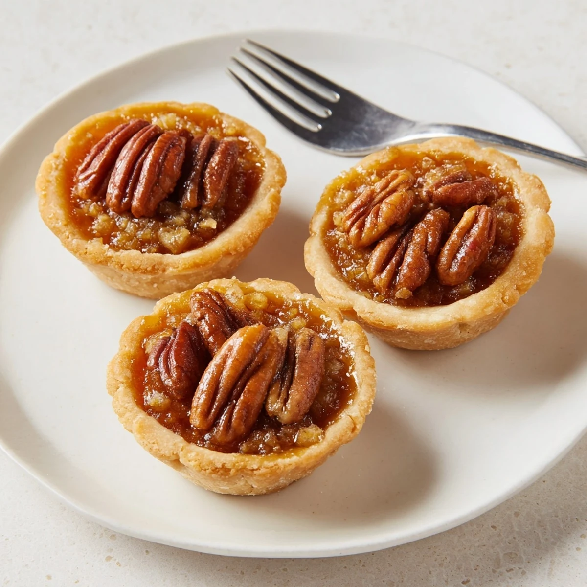 Golden mini pecan pies with gooey caramel filling in flaky butter crusts on a rustic baking sheet
