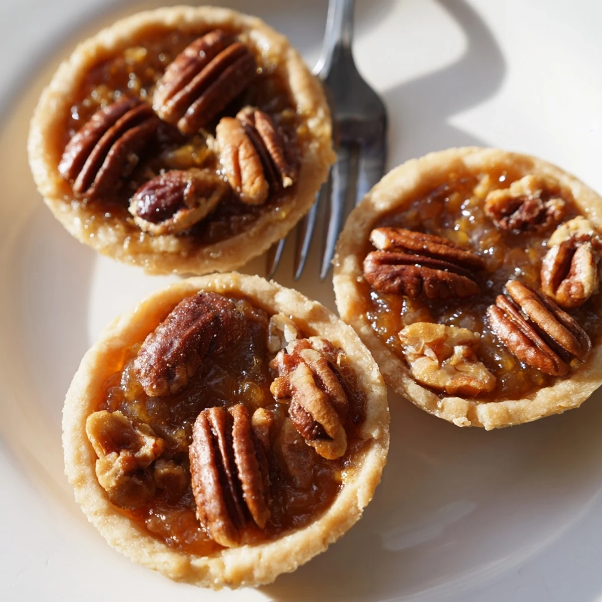 Mini pecan pies topped with toasted nuts, freshly baked and arranged on a white serving platter