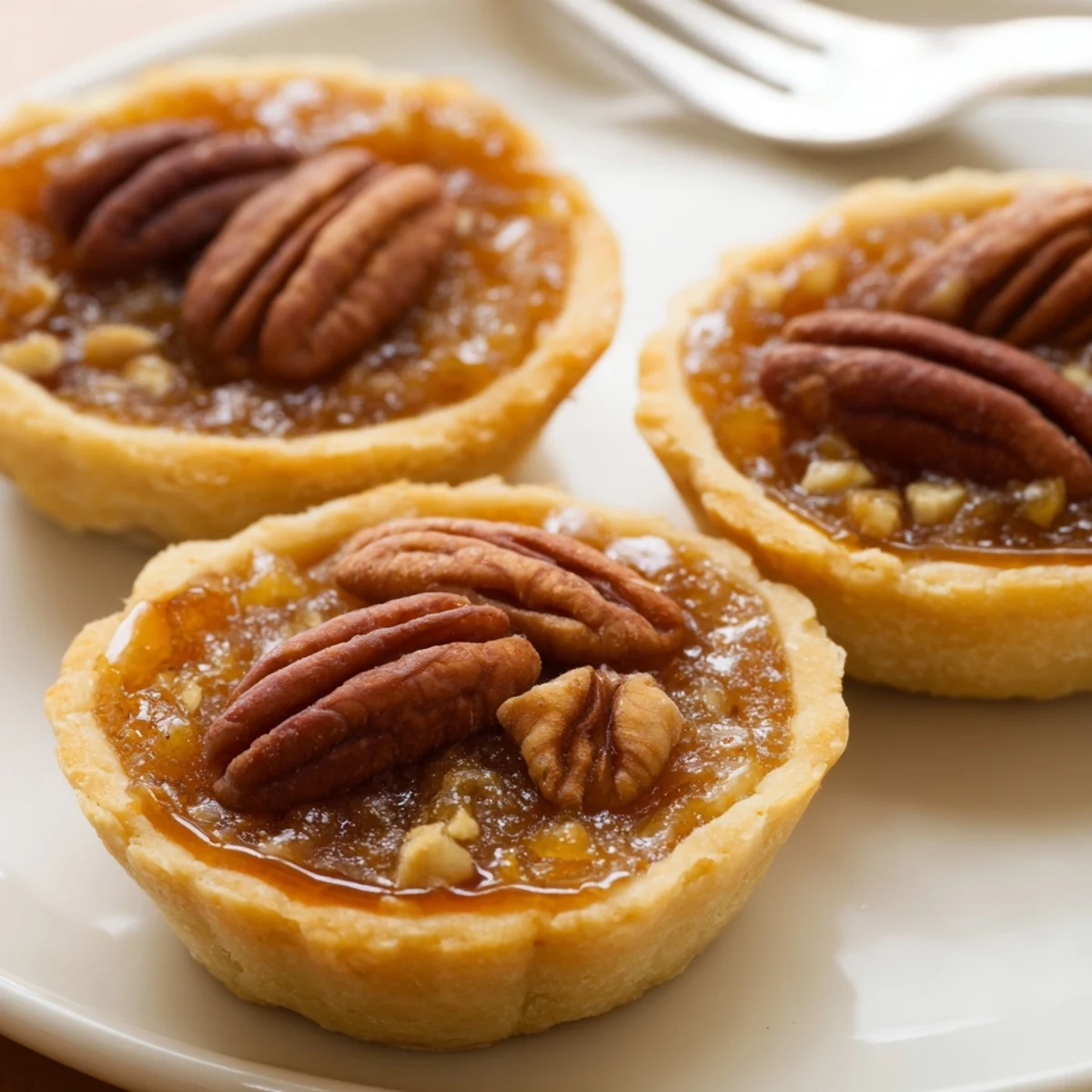 Caramelized mini pecan pies cooling on a wire rack, showcasing crisp pastry shells brimming with sweet pecan filling