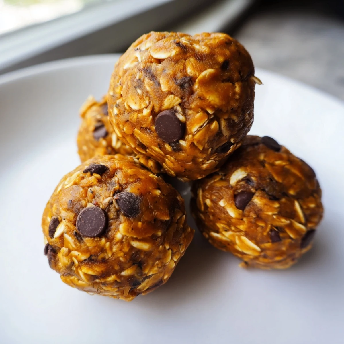 Chewy no bake pumpkin protein balls arranged on a rustic parchment-lined tray with fall spices visible