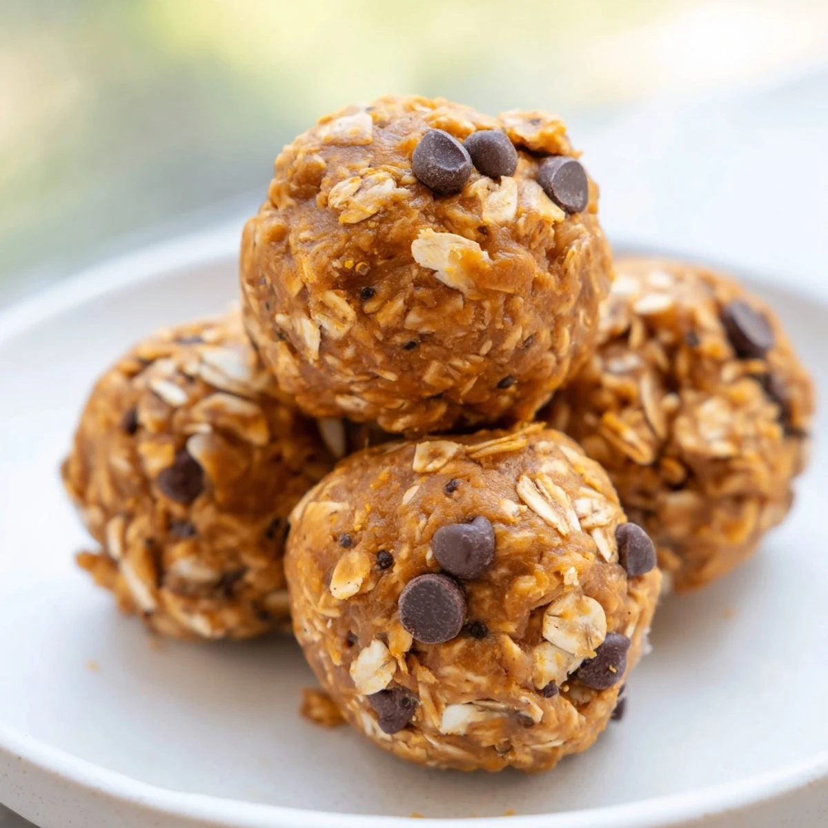 Golden no bake pumpkin protein balls stacked in a bowl beside scattered oats and cinnamon