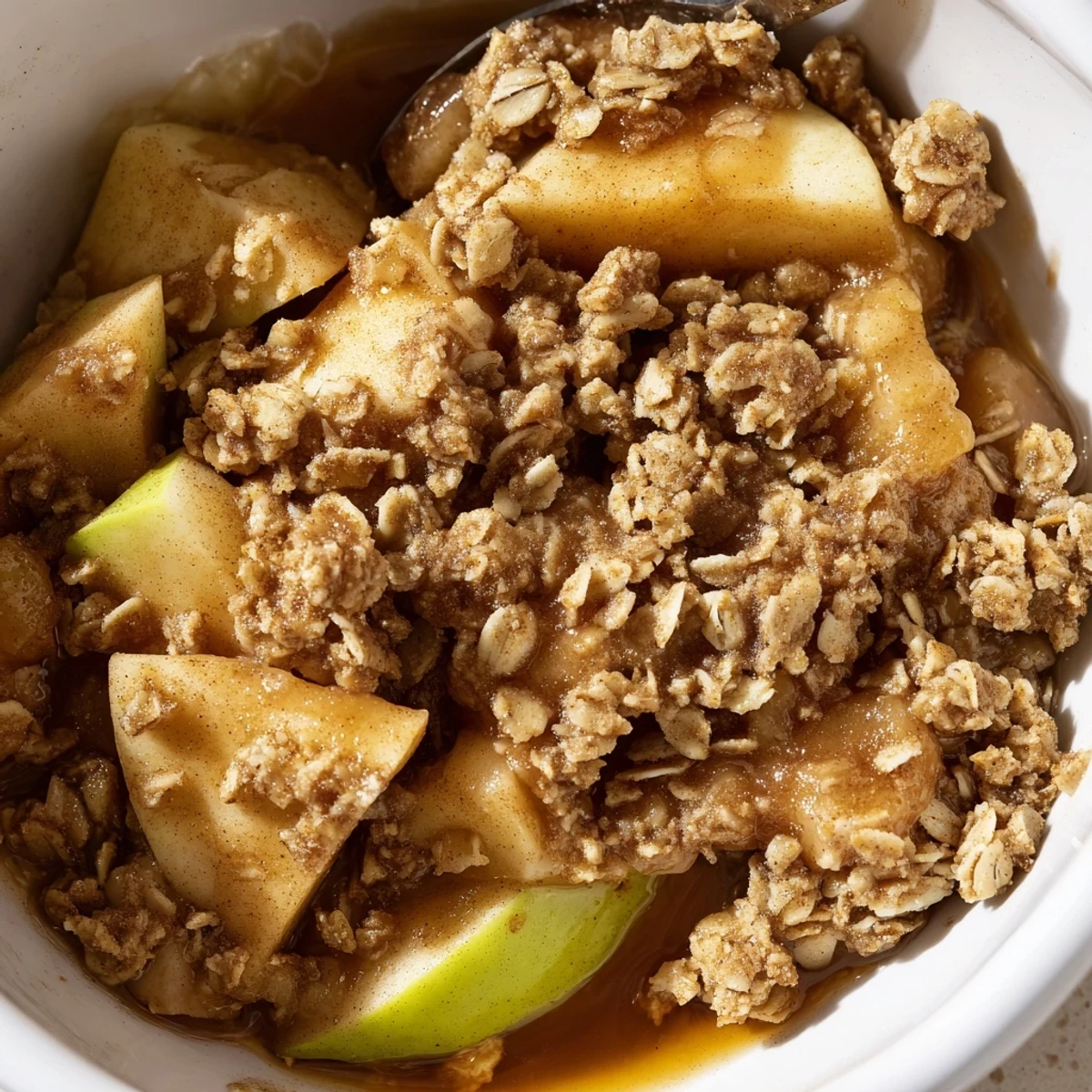 Warm crockpot apple crisp with golden oat topping served in a rustic dish