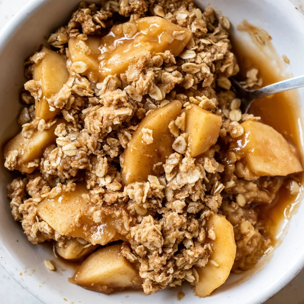Crockpot apple crisp scooped into bowls and topped with melting vanilla ice cream