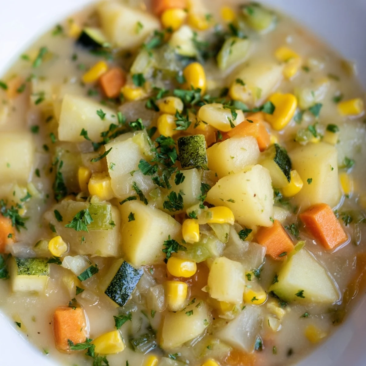Thick creamy hearty potato corn zucchini soup loaded with tender vegetable chunks