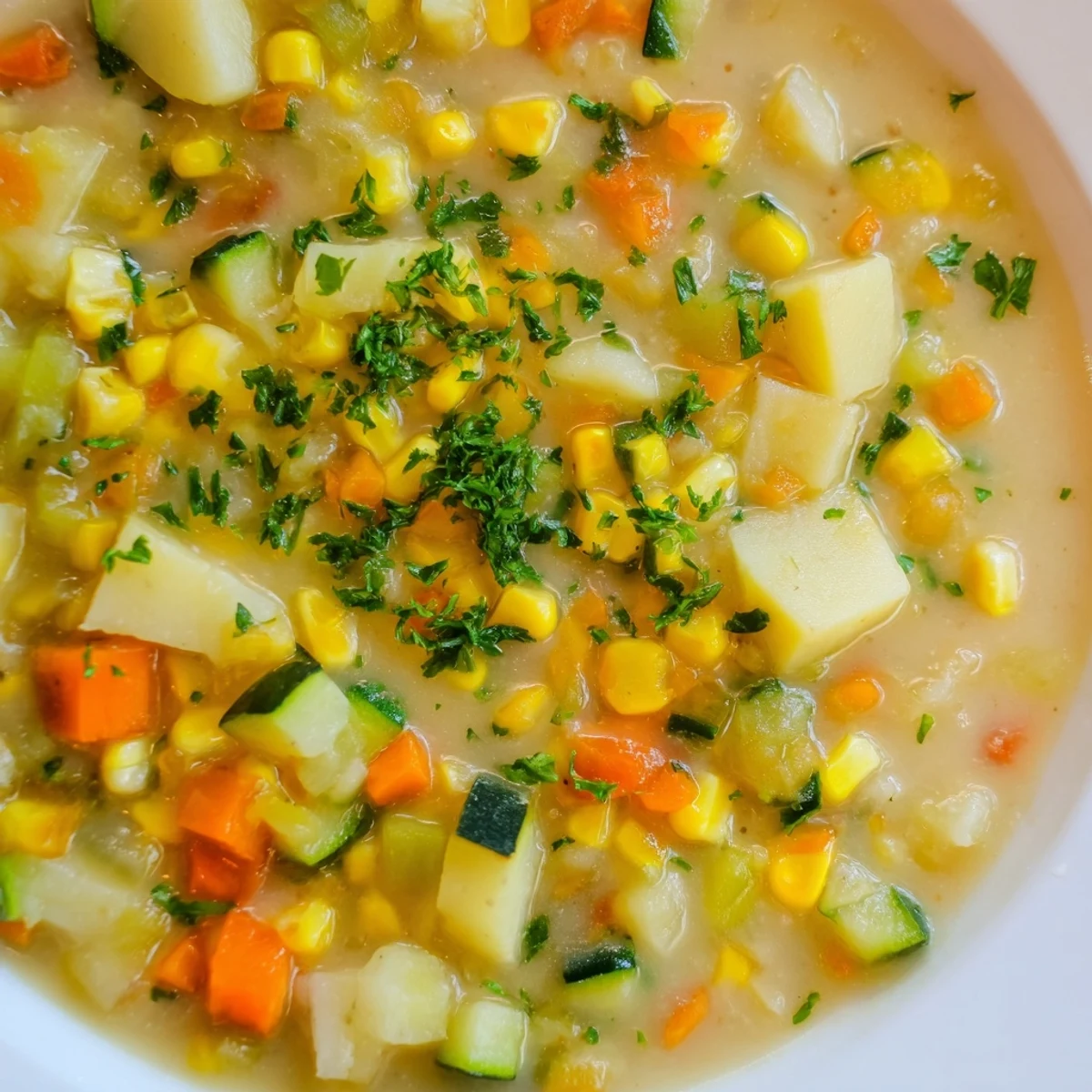 Golden hearty potato corn zucchini soup ladled into a rustic ceramic bowl