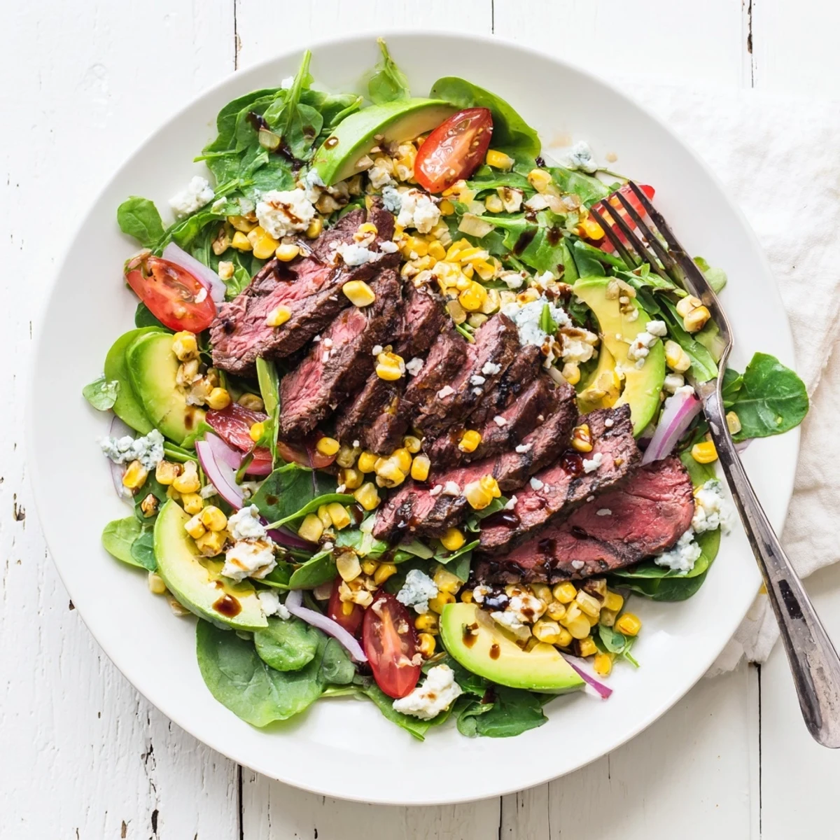 A generously plated balsamic steak gorgonzola salad with grilled corn, drizzled with tangy vinaigrette