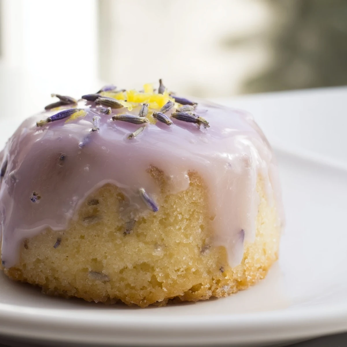 Golden mini lemon cakes drizzled with purple lavender glaze on a white plate