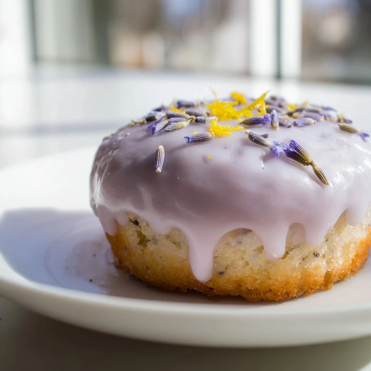 A dozen mini lemon cakes topped with smooth lavender glaze and fresh lemon zest