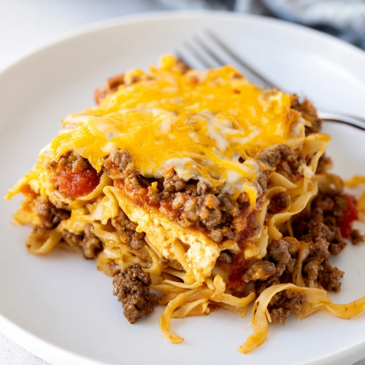 Beef Lombardi Casserole with bubbling golden cheddar, saucy noodles, cooling on counter