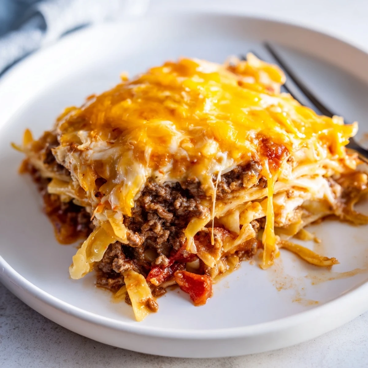 Oven fresh Beef Lombardi Casserole with creamy cottage cheese topping, browned edges