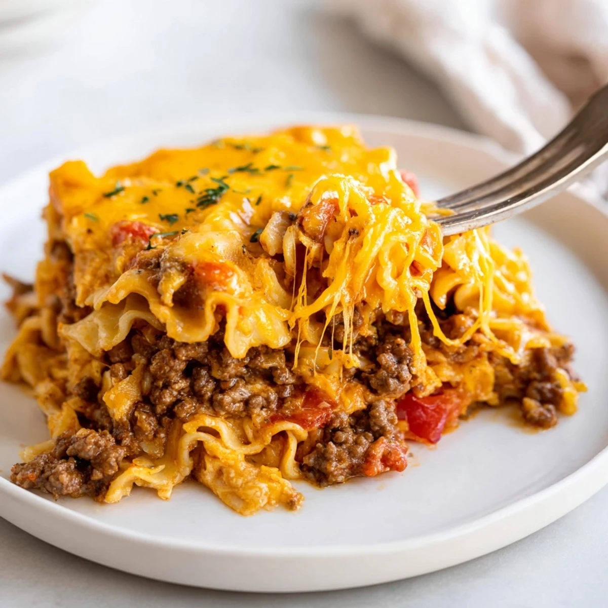 Hearty slice of Beef Lombardi Casserole on plate, saucy beef and gooey cheddar