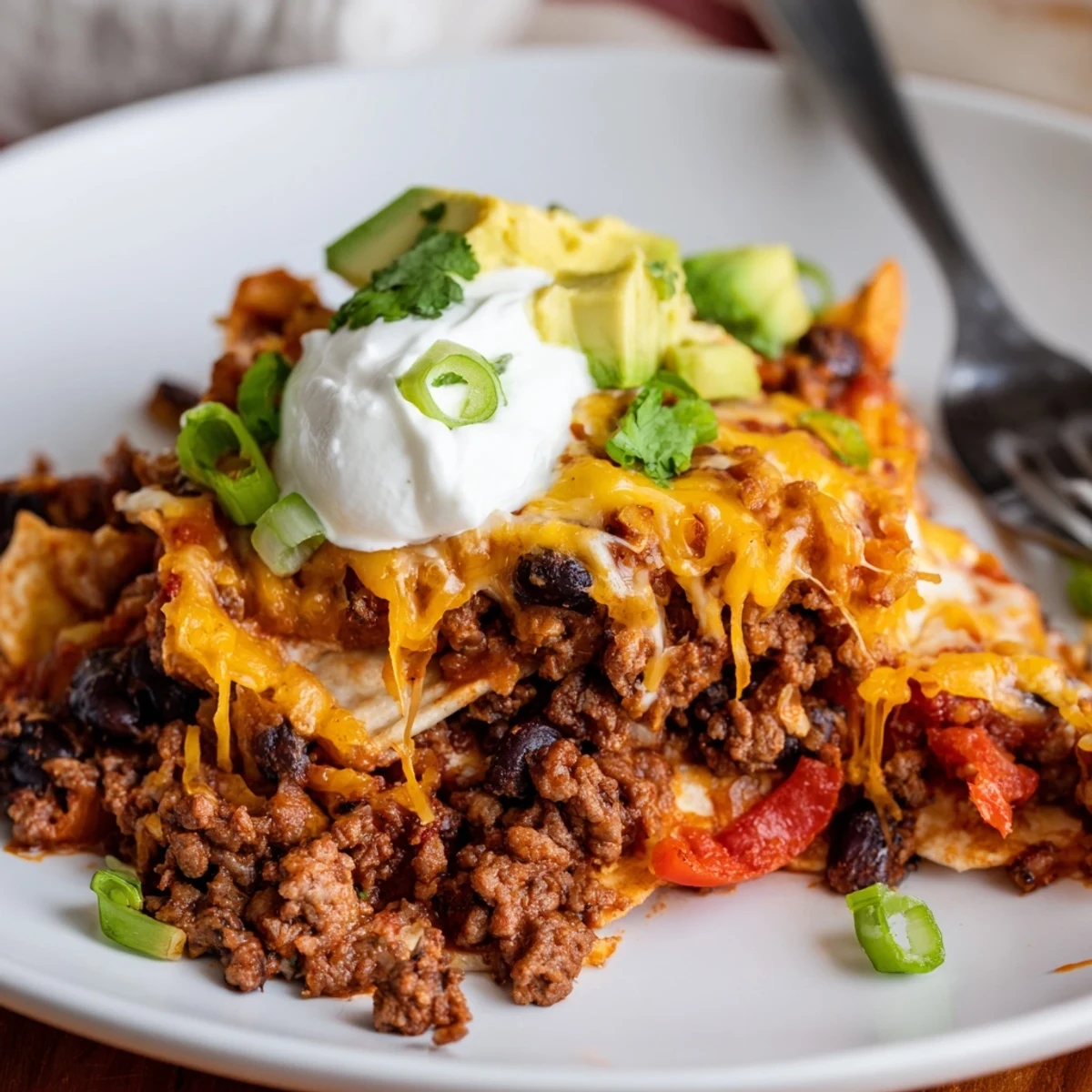 Weeknight Beef Skillet Enchiladas served hot with avocado, sour cream, green onions