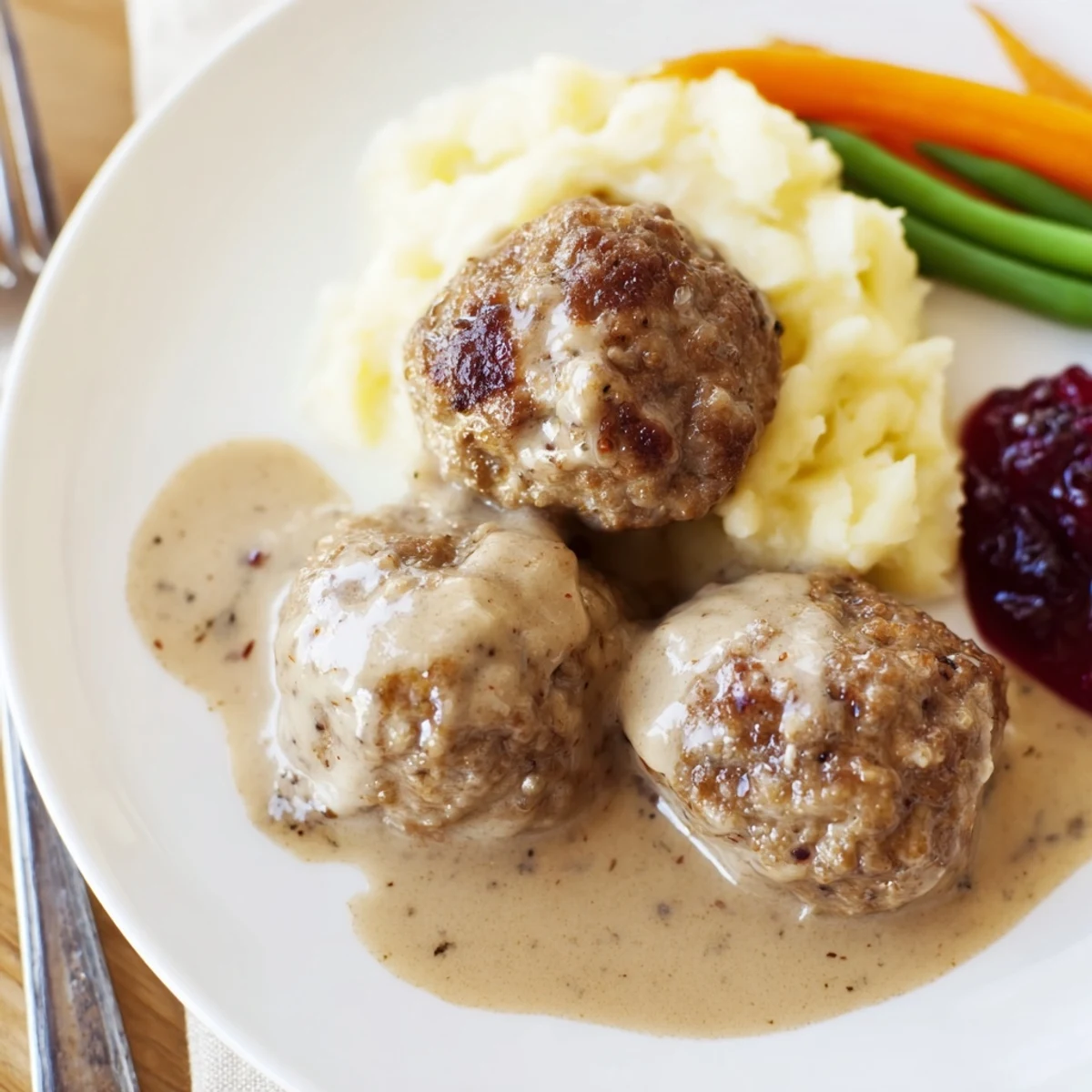 Homemade Ikea Meatballs nestled in creamy gravy over buttery mashed potatoes.