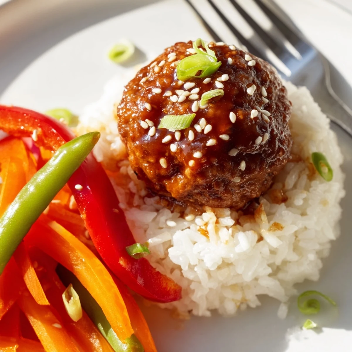 Hello Fresh Firecracker Meatballs glazed in sticky spicy-sweet sauce over jasmine rice