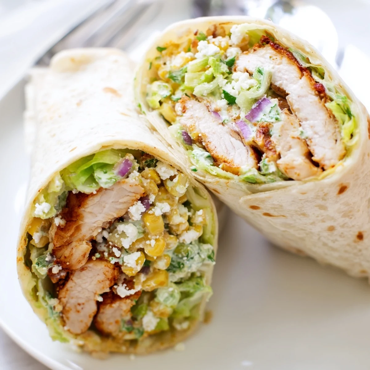 Quick Mexican Street Corn Chicken Wraps with charred corn, creamy cotija, lime  