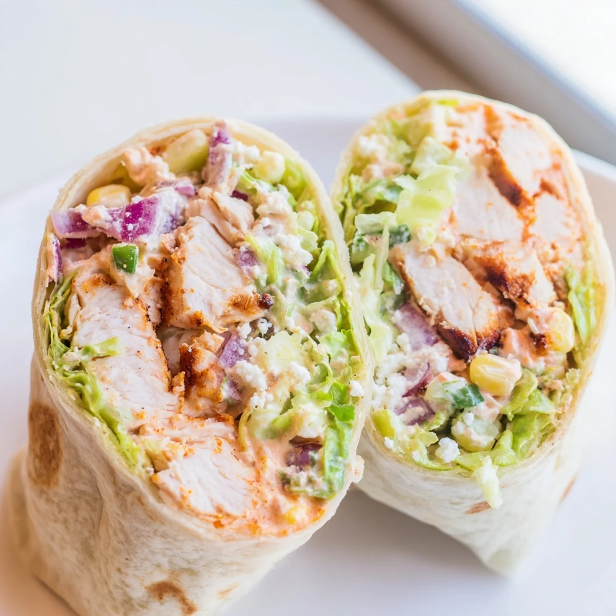 Quick Mexican Street Corn Chicken Wraps served warm with crisp lettuce and lime wedges