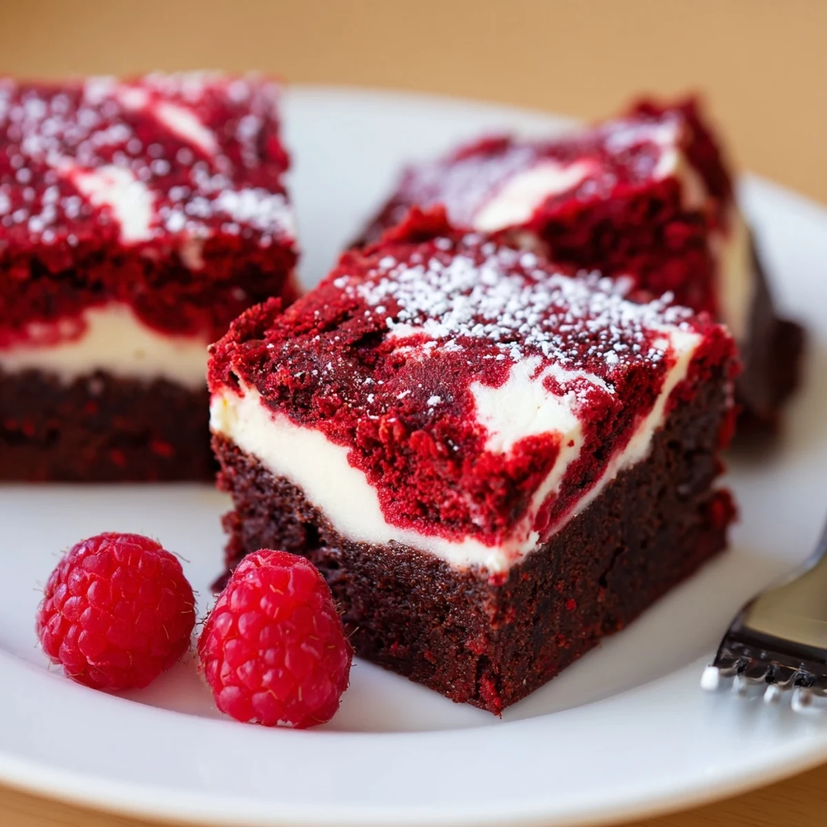 Red Velvet Brownies With Cheesecake Layer, marbled squares topped with fresh berries.