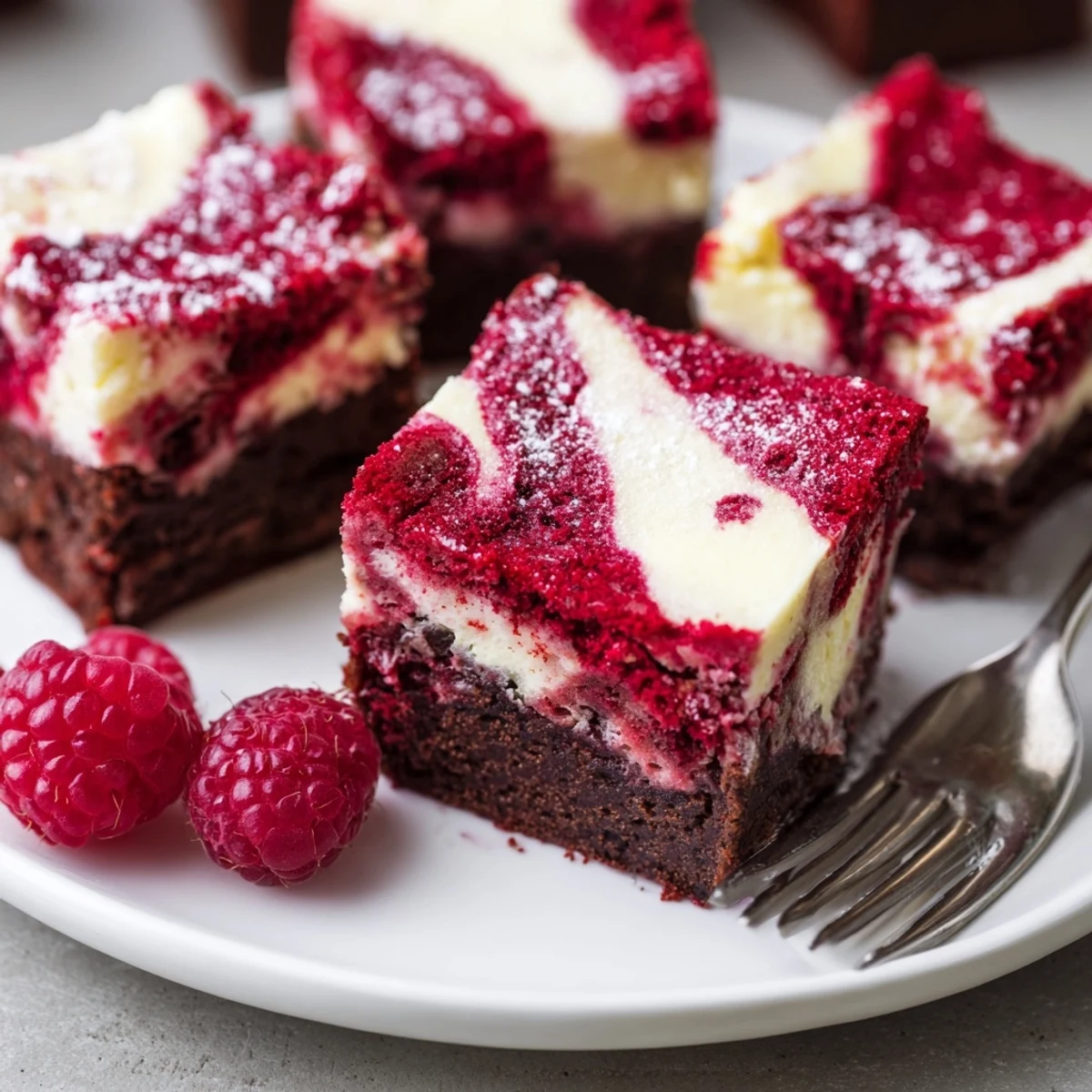 Creamy topped Red Velvet Brownies With Cheesecake Layer, fudgy base and powdered sugar.