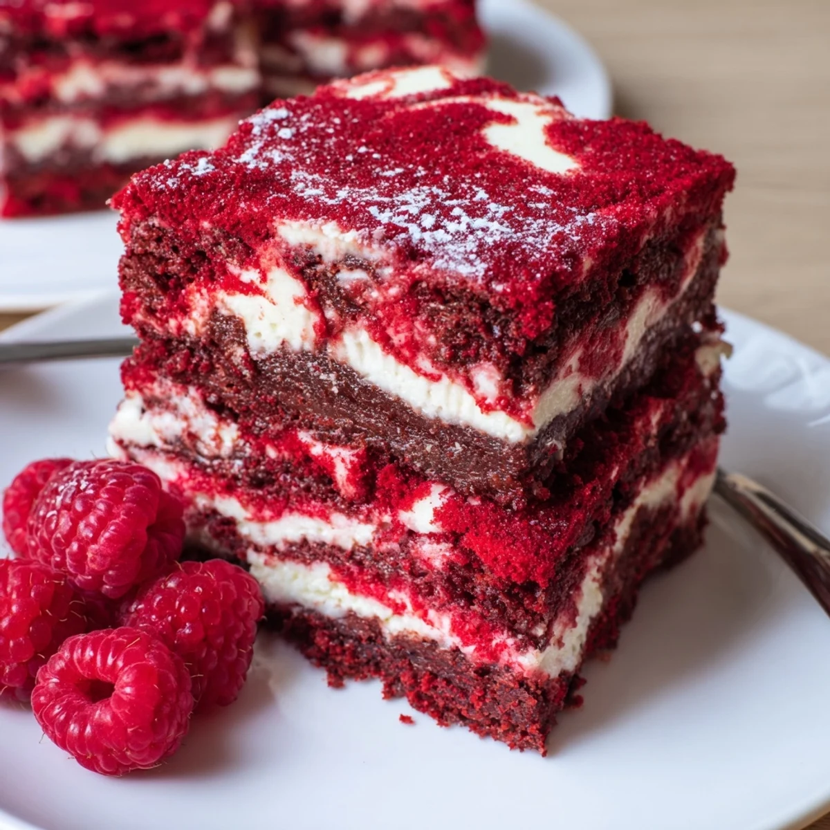 Red Velvet Brownies With Cheesecake Layer sliced, cool tangy cheesecake meeting rich brownie.