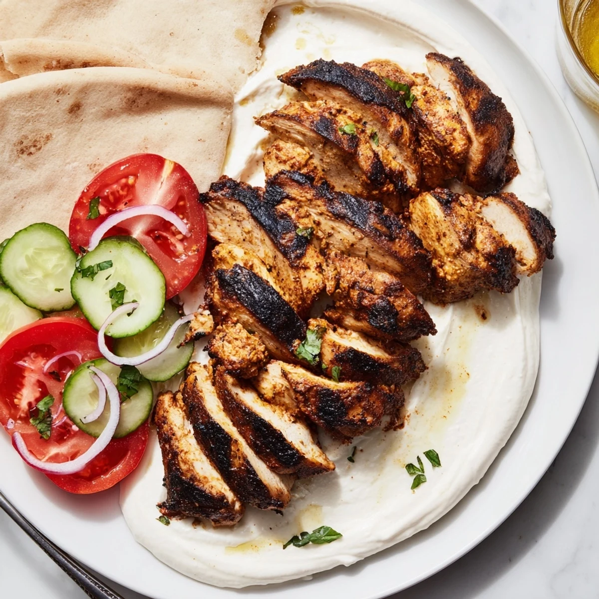 Grilled Shawarma Chicken With Garlic Sauce piled in warm pita, juicy.