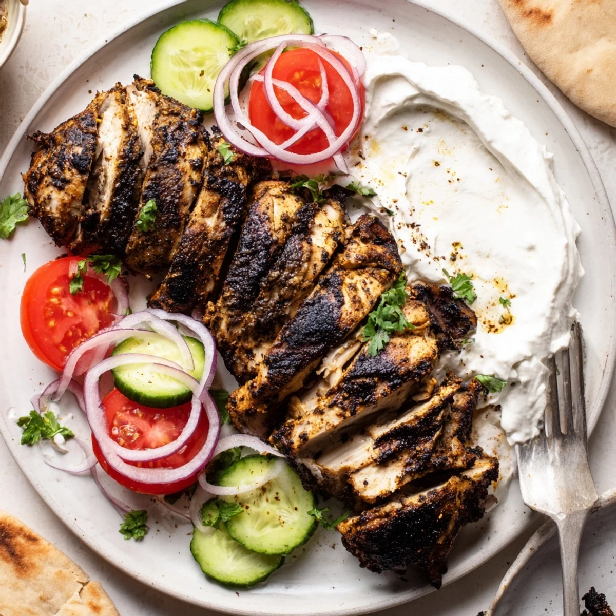 Sliced Shawarma Chicken With Garlic Sauce resting on char marks, aromatic.