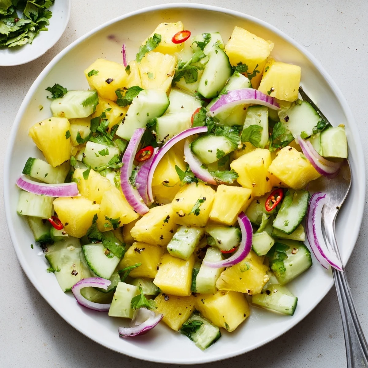 Pineapple Cucumber Salad served alongside grilled chicken, bright, sweet, herbaceous
